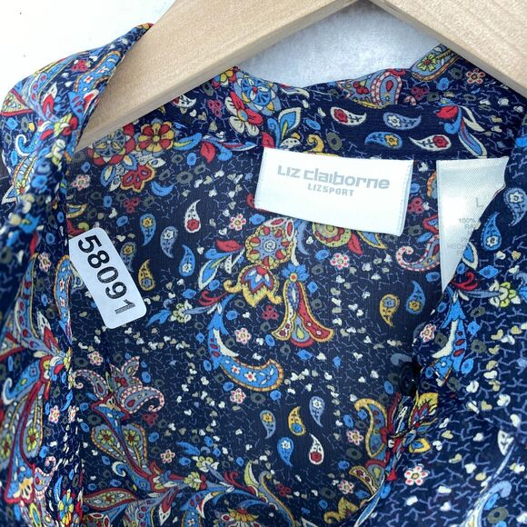 LIZ CLAIBORNE LIZSPORT Top L Floral Paisley Shirt Button Front Rayon Blue - Picture 13 of 13